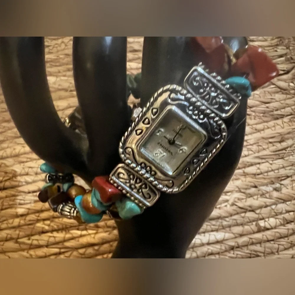 Vintage Silver Tone Intricate Beaded Watch by Vernier